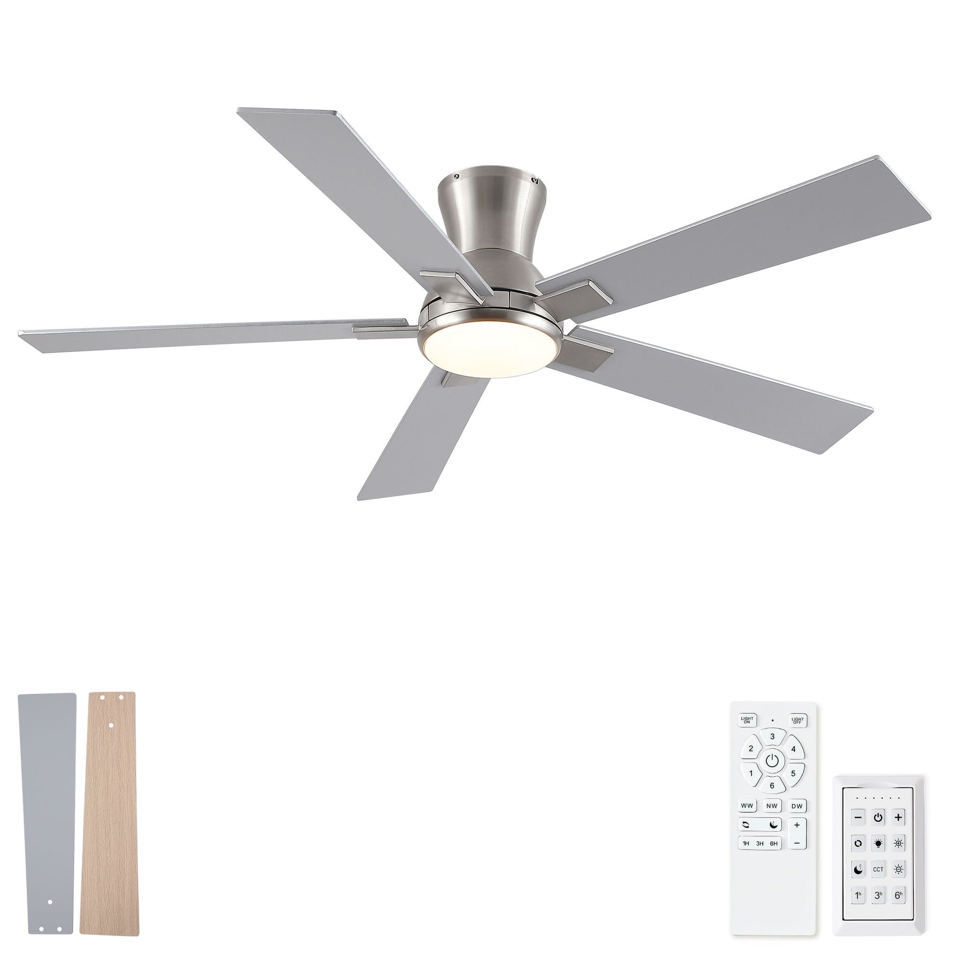 Ceiling fan with brushed nickel finish, 5 ABS blades, reversible quiet motor and light remote on Tampa Home & Garden Store