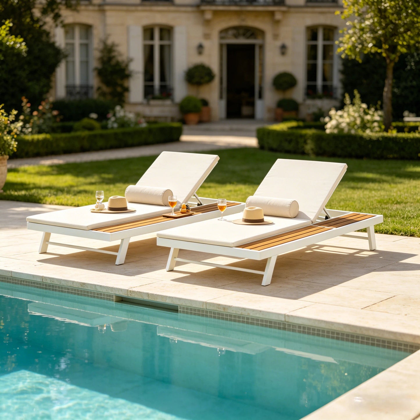 White Iron and Teak Finish Outdoor Lounge Set