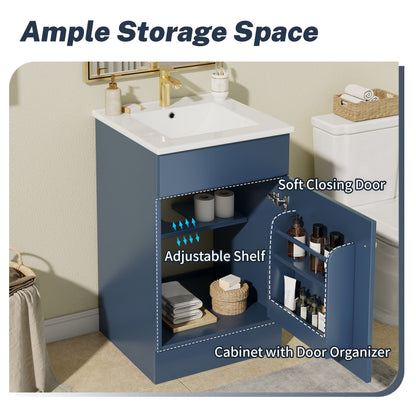 Blue bathroom vanity with sink, white basin, gold faucet, adjustable shelf by HouseOfZazla on Tampa Home & Garden Store