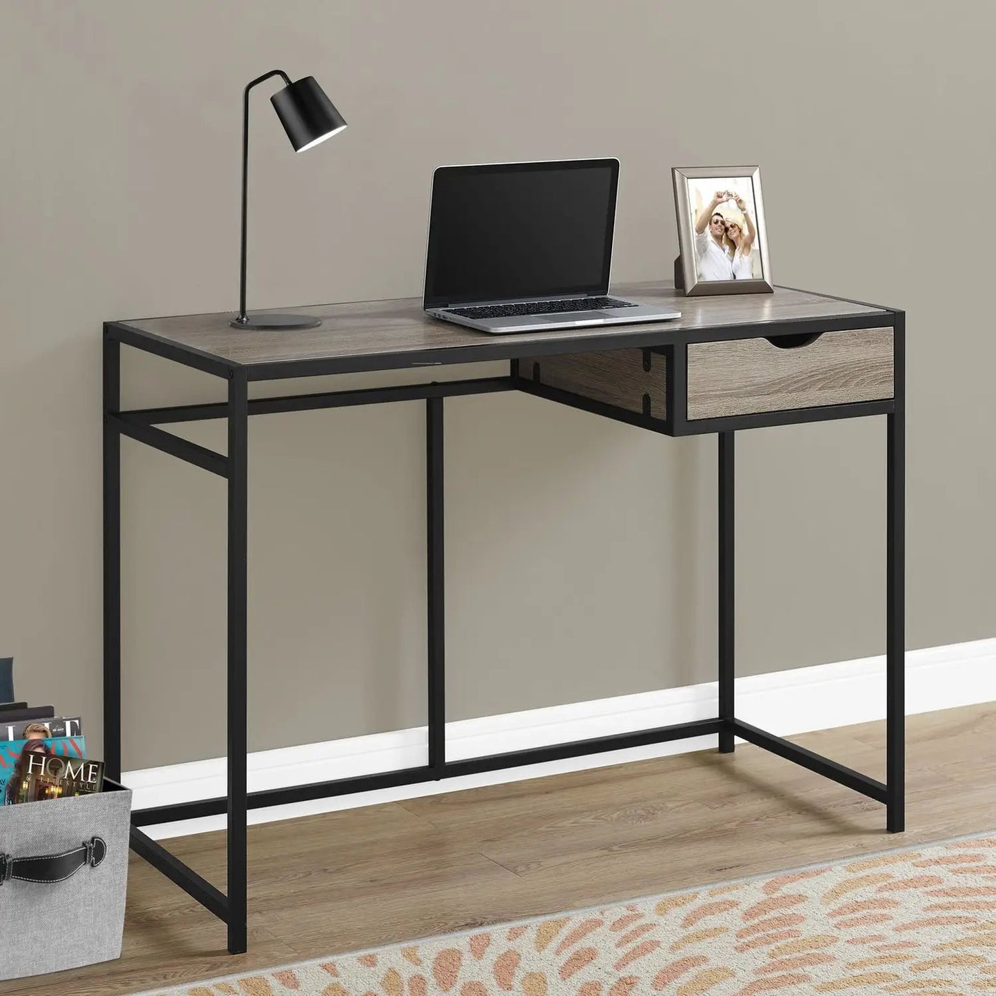 Computer desk with black metal frame, wood-grain top, 1 storage drawer on Tampa Home & Garden Store