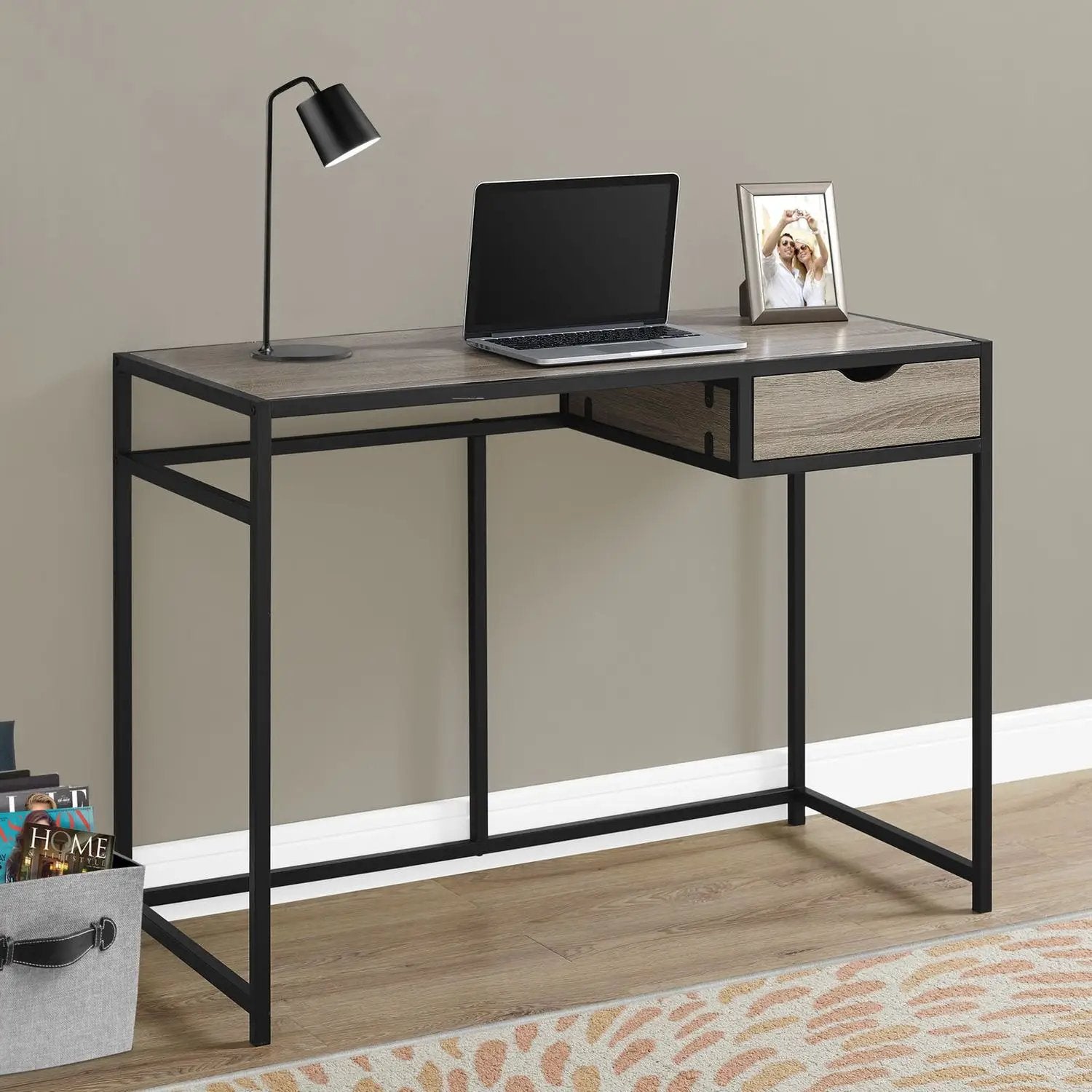 Computer desk with black metal frame, wood-grain top, 1 storage drawer on Tampa Home & Garden Store