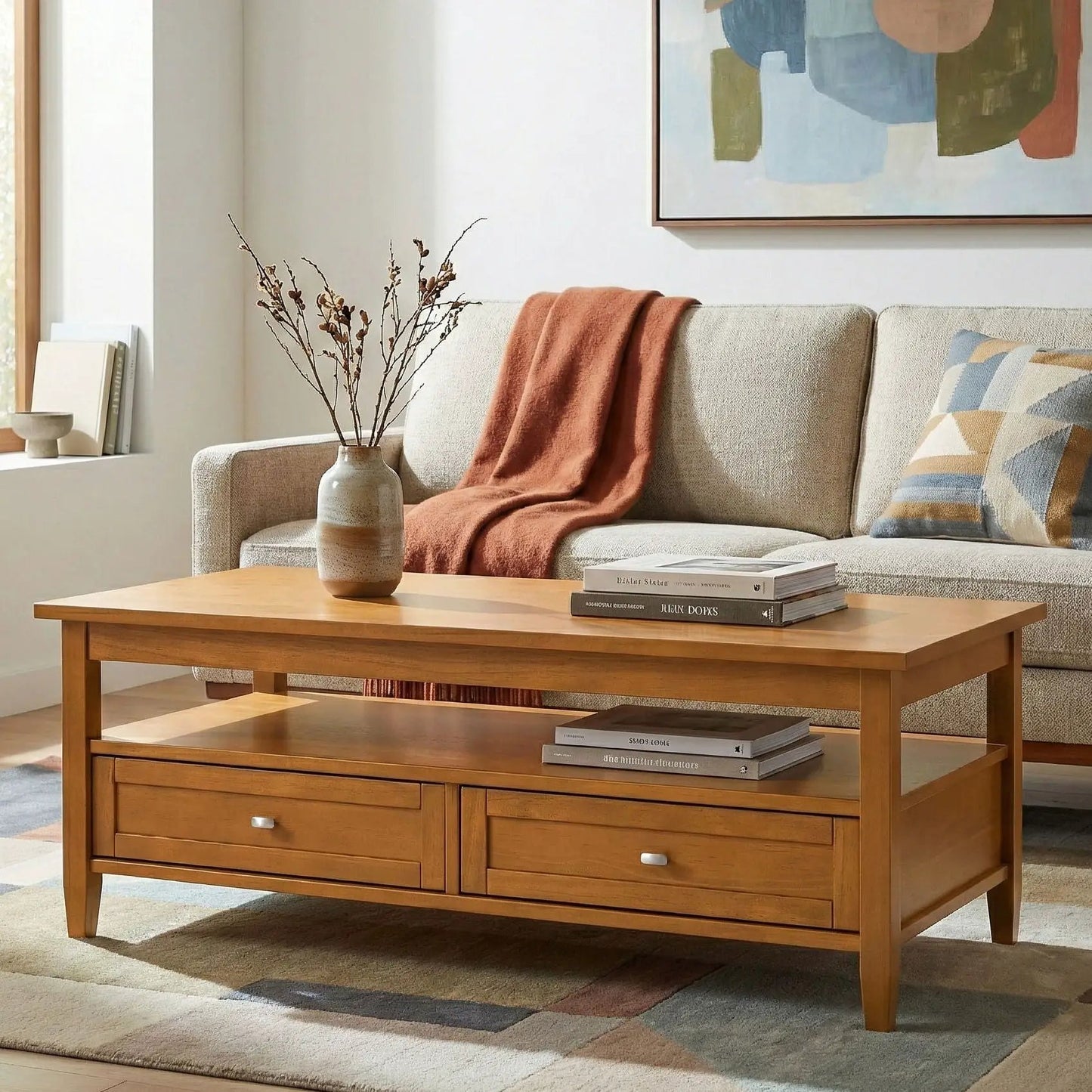 Warm Shaker Coffee Table in warm honey oak with two drawers and lower shelf in a living room on Tampa Home & Garden Store