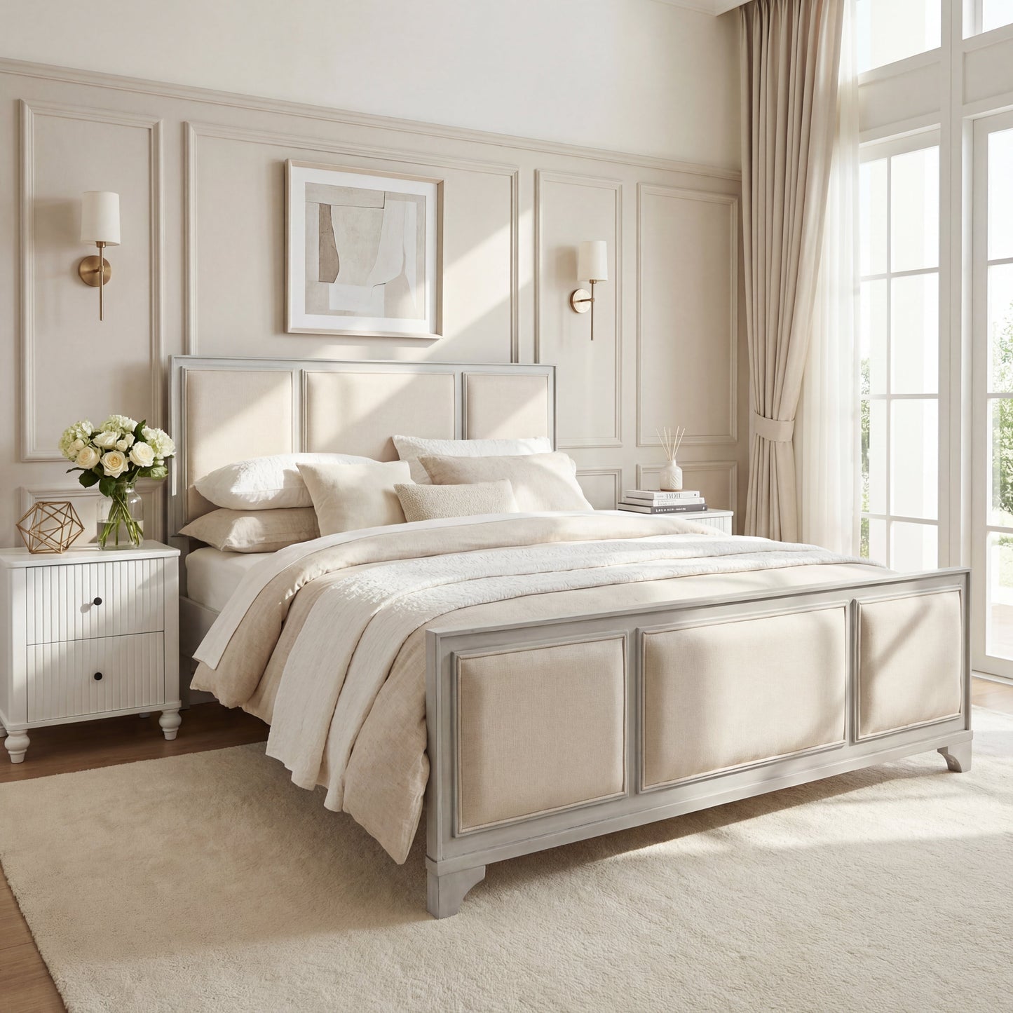 Queen Wooden Bed Frame with Upholstered Headboard