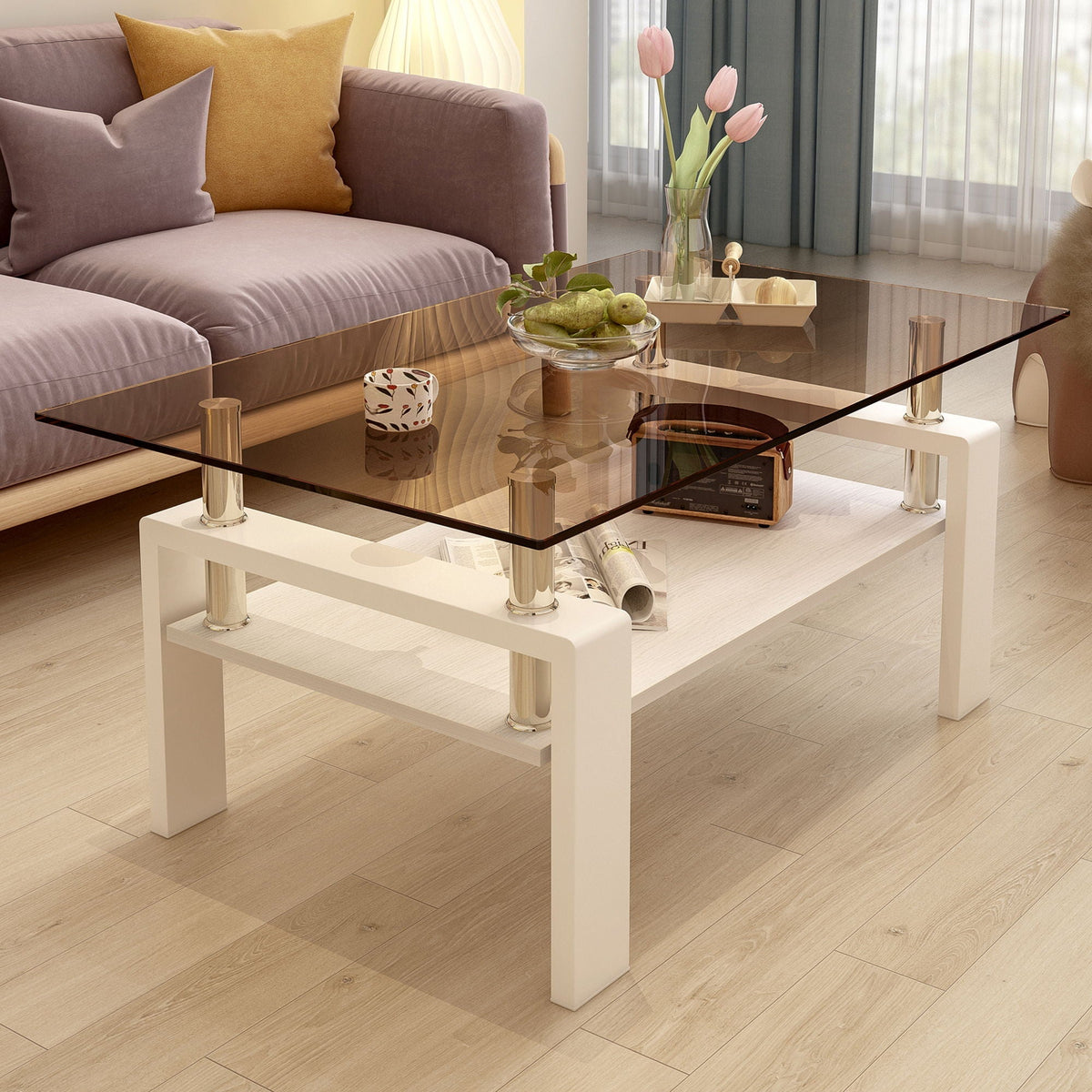 Coffee table white rectangular glass top with open storage shelf HouseOfZazla on Tampa Home & Garden Store
