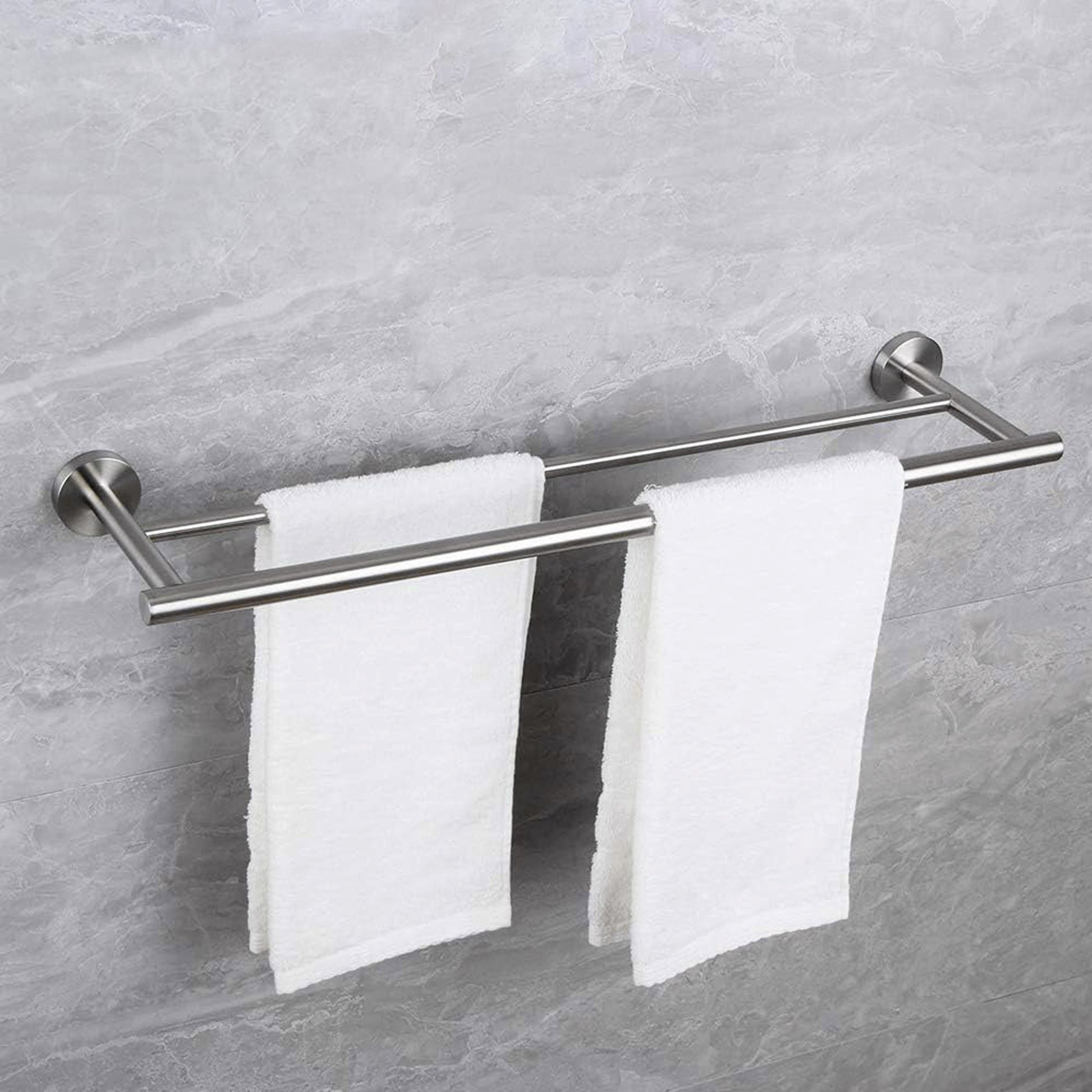 6-Pieces Bathroom Hardware Accessories Set towel rack in brushed nickel with two white towels on Tampa Home & Garden Store