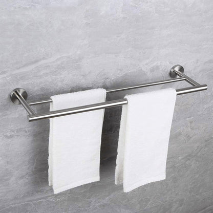 6-Pieces Bathroom Hardware Accessories Set towel rack in brushed nickel with two white towels on Tampa Home & Garden Store
