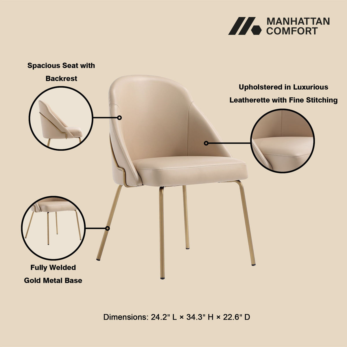 Upholstered dining chair beige leatherette with high-density foam, gold metal base on Tampa Home & Garden Store