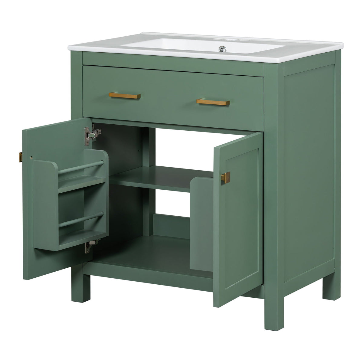 Modern bathroom vanity with ceramic sink in green finish, white countertop on Tampa Home & Garden Store