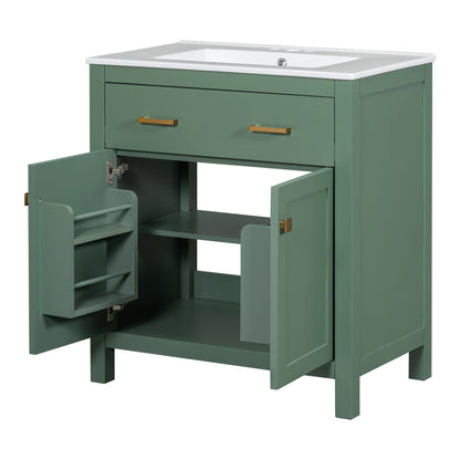 Modern bathroom vanity with ceramic sink in green finish, white countertop on Tampa Home & Garden Store