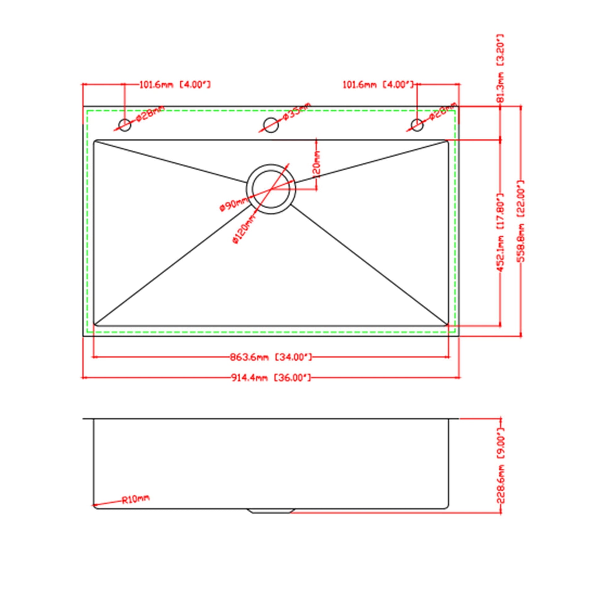 Topmount stainless steel kitchen sink HouseOfZazla, drop-in blueprint with dimensions and drain on Tampa Home & Garden Store
