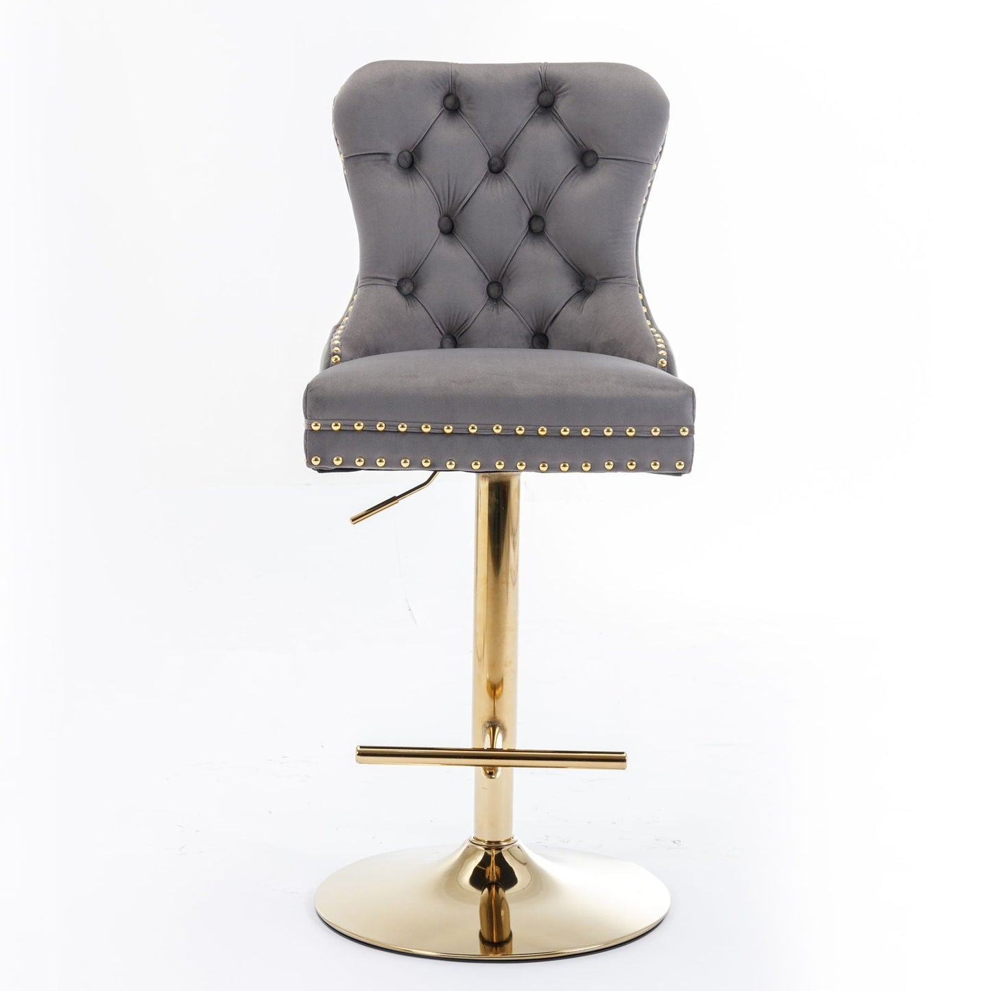Grey tufted swivel bar stool with gold nailhead trim and brass pedestal base on Tampa Home & Garden Store