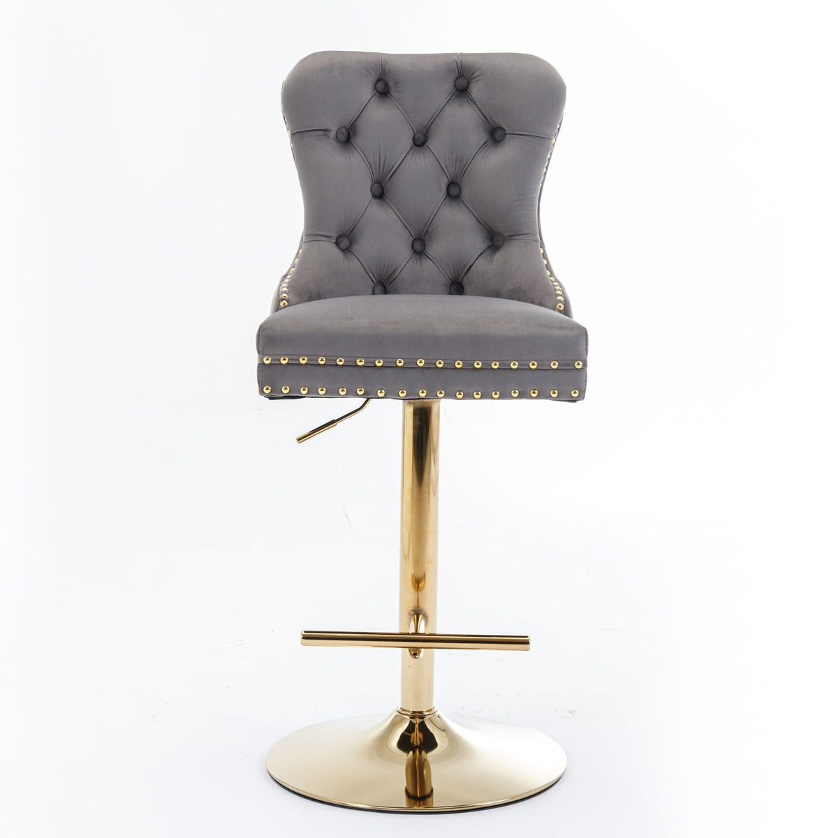 Grey tufted swivel bar stool with gold nailhead trim and brass pedestal base on Tampa Home & Garden Store