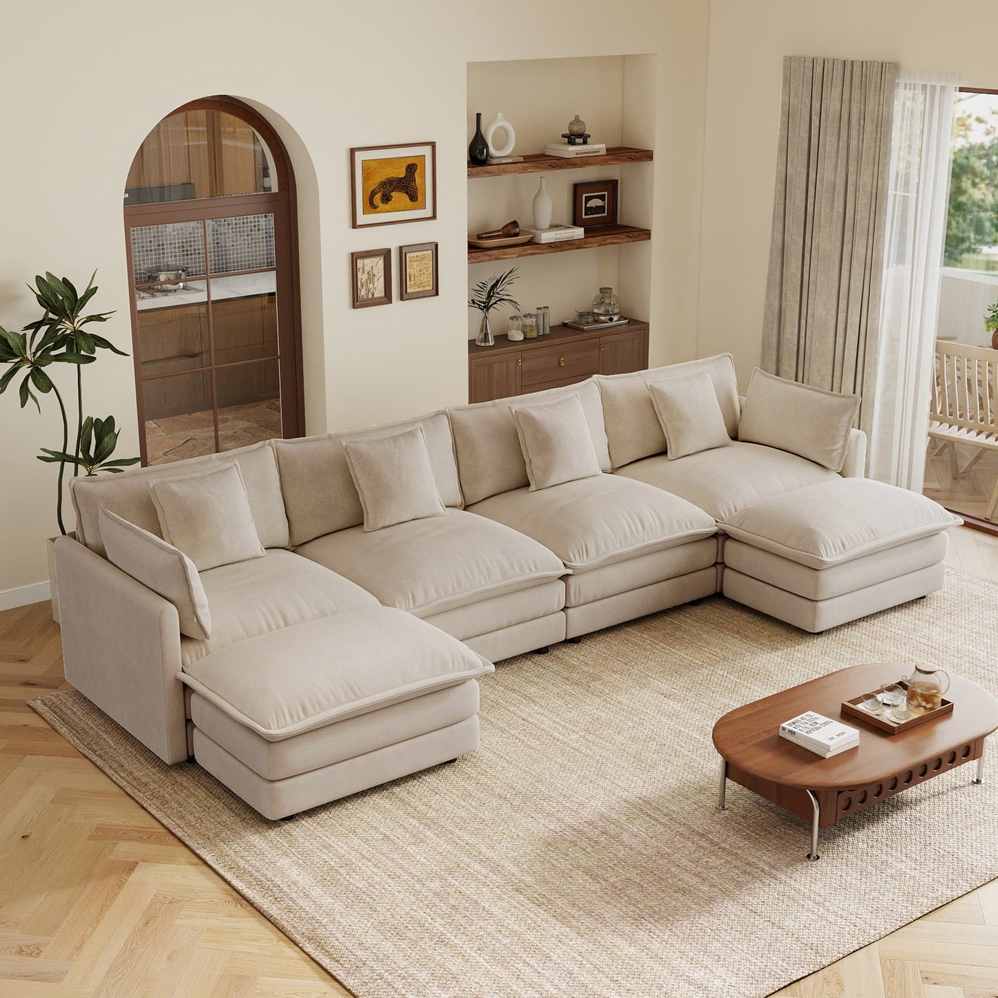 Oversized U Shaped Sofa and Two Chenille Ottomans