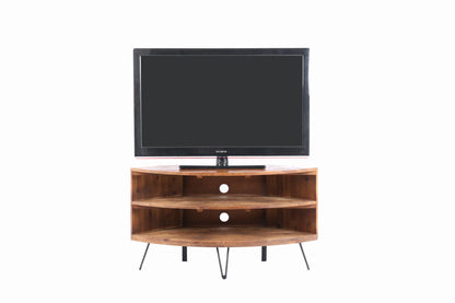 Fan Shape Reclaimed Wood Corner TV Stand by HouseOfZazla with open shelf and curved edges on Tampa Home & Garden Store