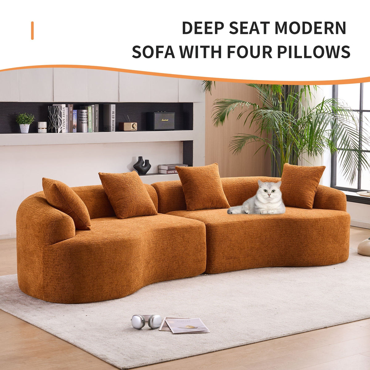 HouseOfZazla 4-seat fabric sectional sofa in orange-brown with 4 pillows; cat on sofa on Tampa Home & Garden Store