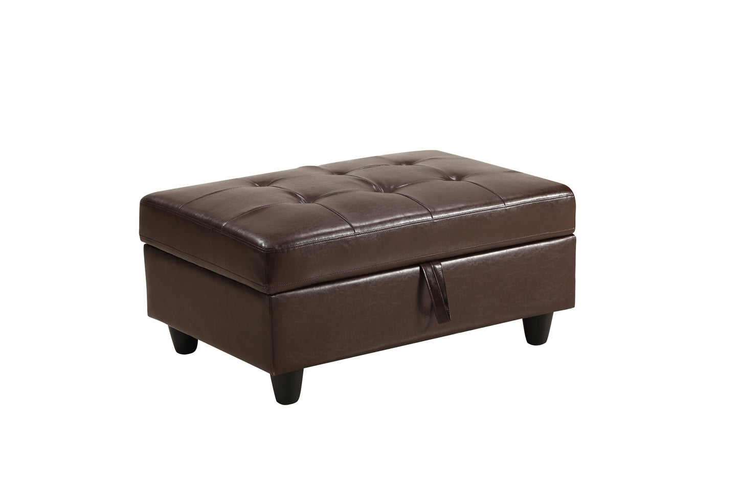 Ottoman in brown faux leather with tufted top, stitched seams and short legs on Tampa Home & Garden Store