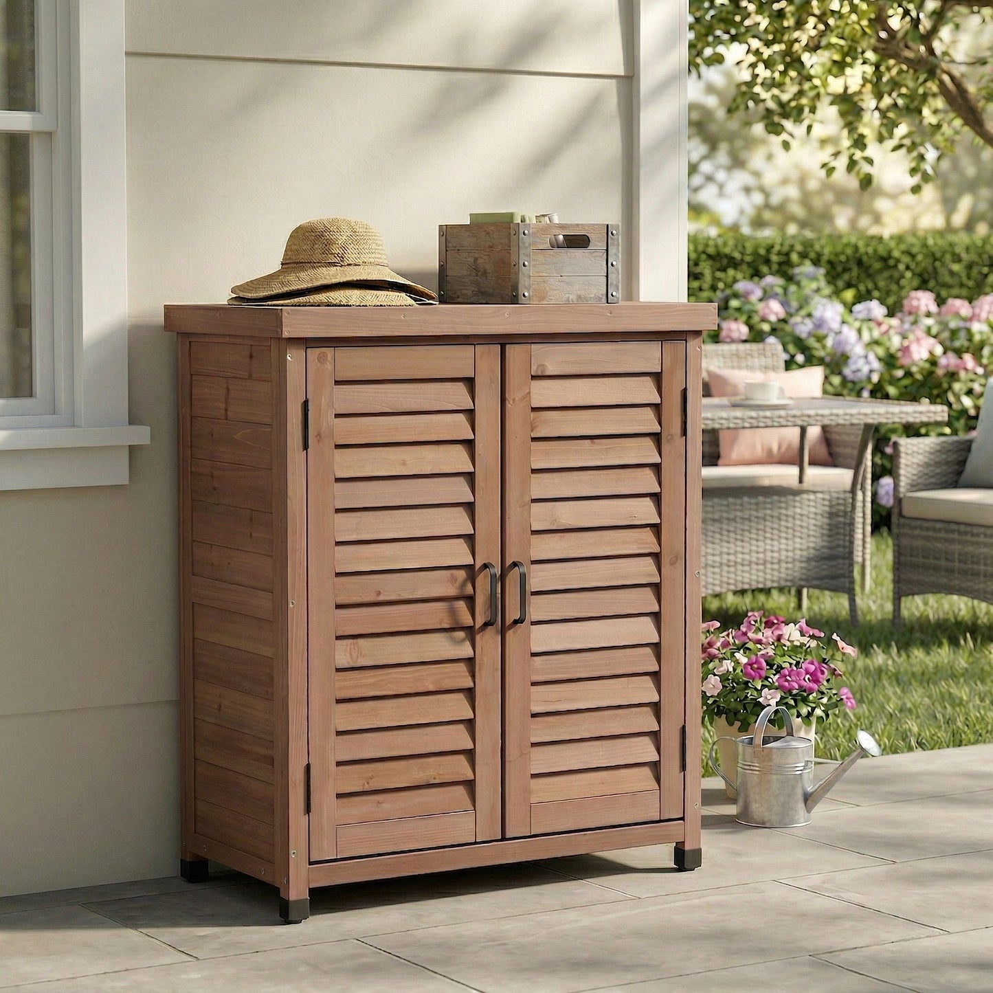 Outdoor Potting Bench With Metal Top and Cabinet