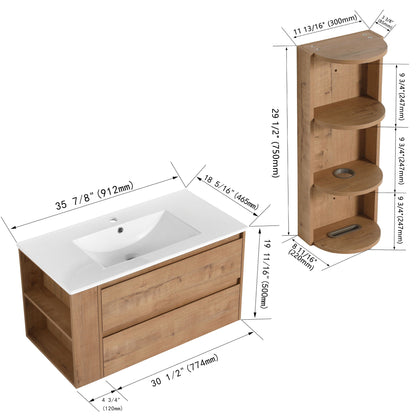 Modern wall-mounted bathroom vanity with white ceramic sink and wood storage rack by HouseOfZazla on Tampa Home & Garden Store