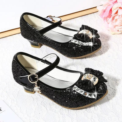 Girls Rhinestone Bow High Heel Shoes Princess