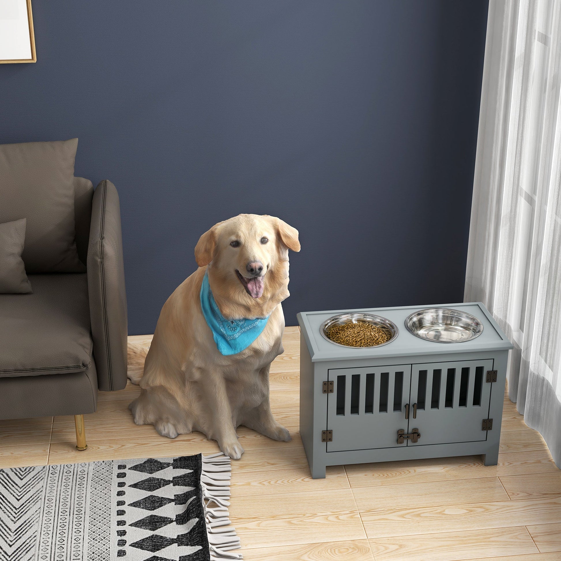 PawHut Large Elevated Dog Bowls with Storage Cabinet gray stand with two stainless bowls on Tampa Home & Garden Store