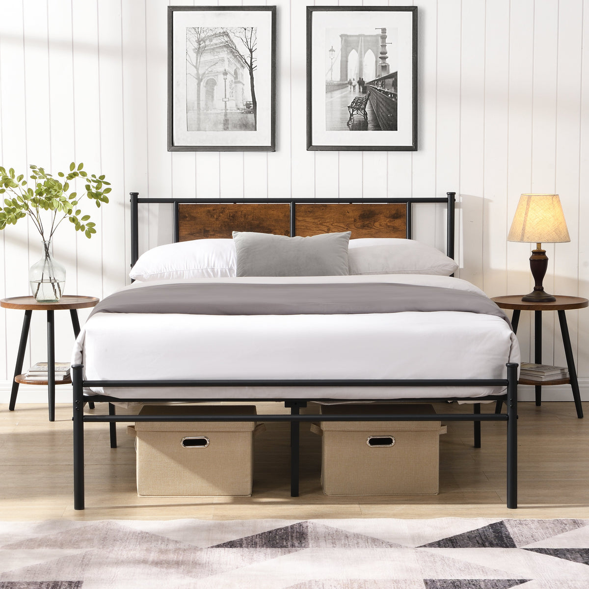 California King Bed Frame with wood panel headboard and black metal frame, white bedding on Tampa Home & Garden Store
