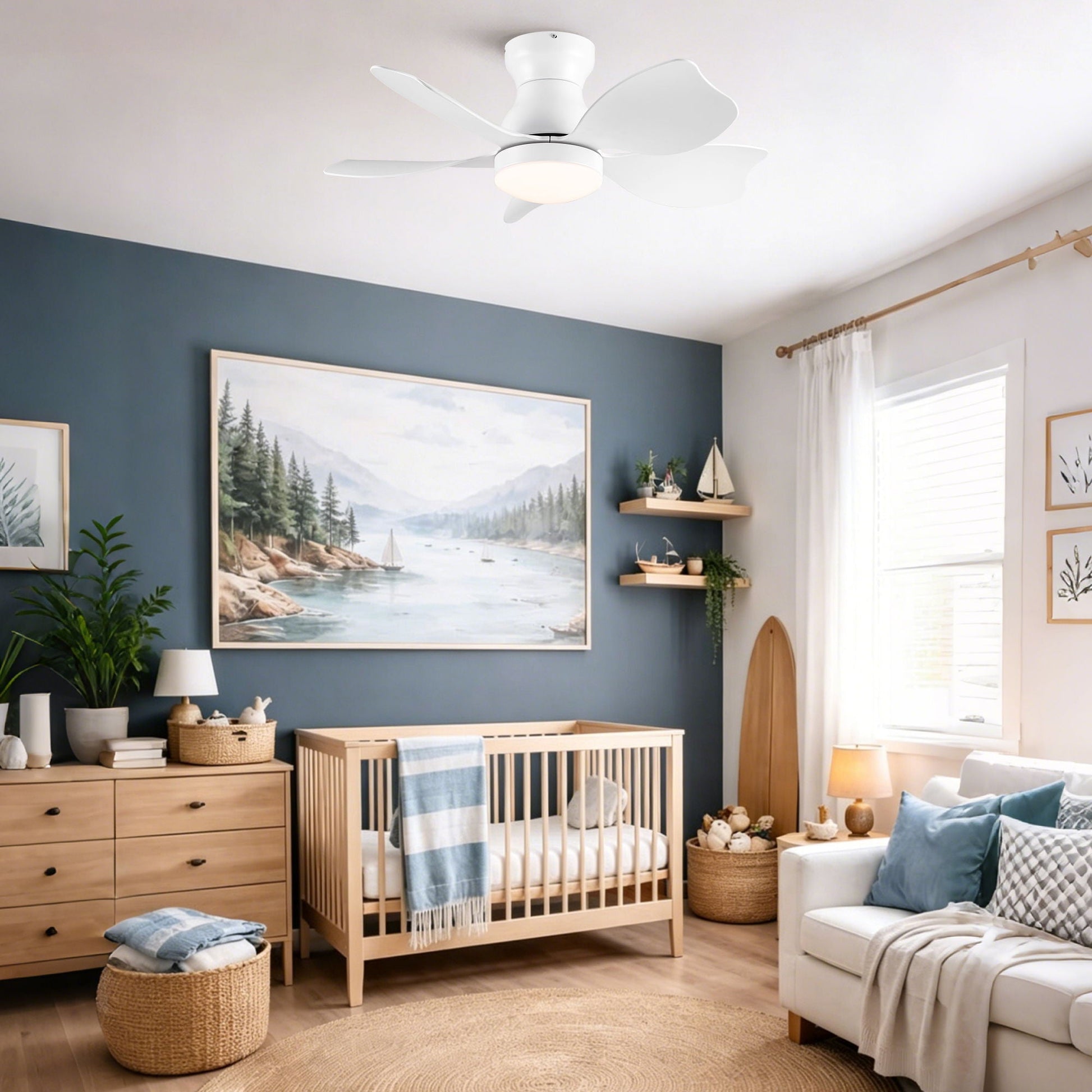 Low Profile Flush Mount Ceiling Fan With Light by HouseOfZazla, white blades on Tampa Home & Garden Store