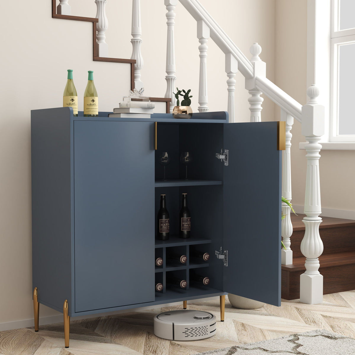 Wine bar cabinet blue with gold legs and open wine rack storage by HouseOfZazla on Tampa Home & Garden Store