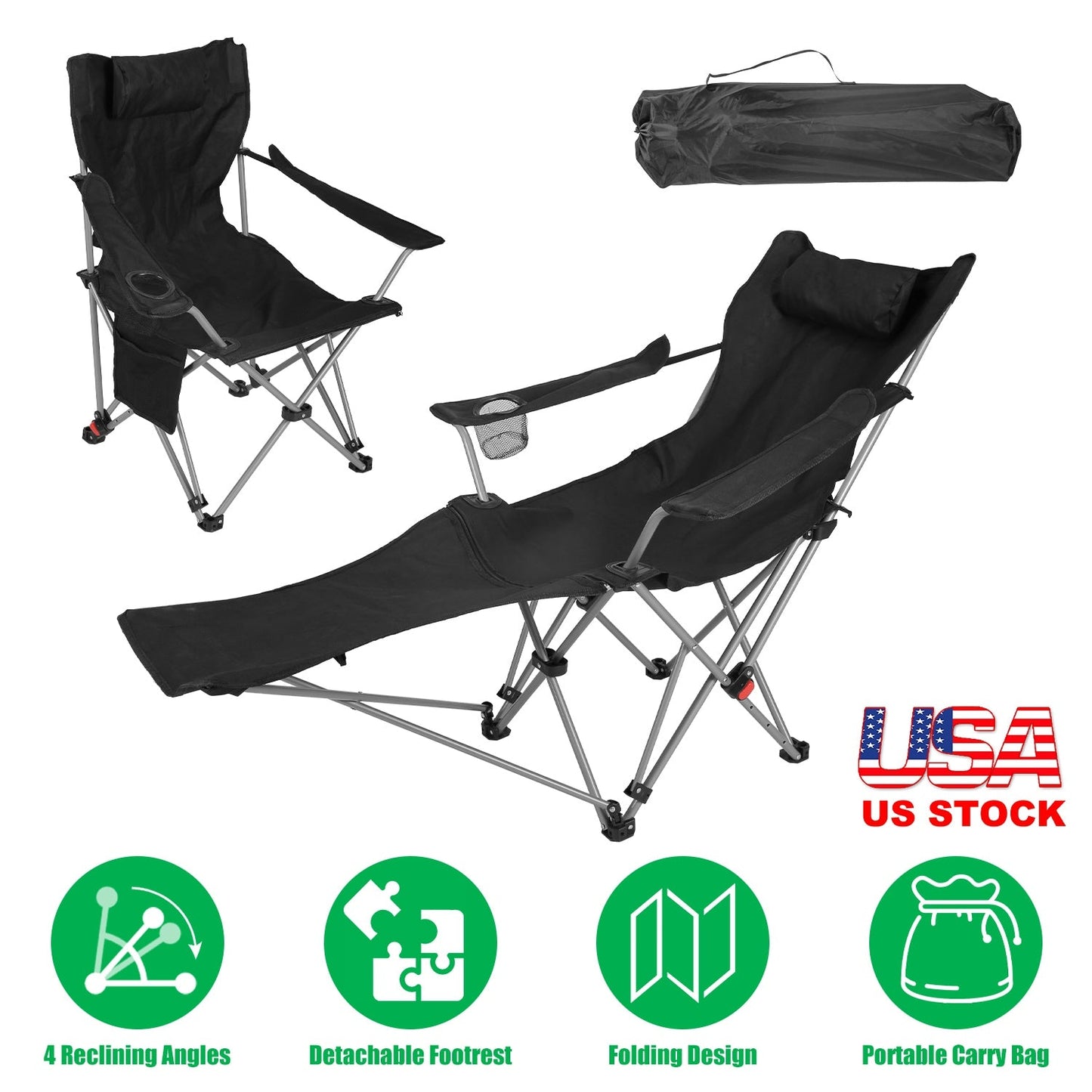 GemGear 2 reclining camping chairs with footrest 4-position adjustable foldable with cup holder on Tampa Home & Garden Store