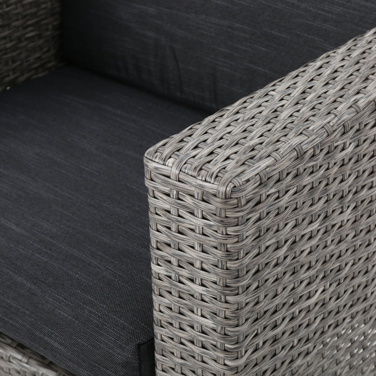 Puerta 4-Piece Outdoor Furniture Set in gray woven rattan with dark cushions on Tampa Home & Garden Store