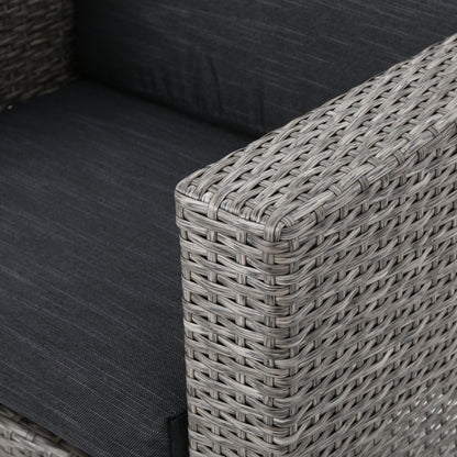 Puerta 4-Piece Outdoor Furniture Set in gray woven rattan with dark cushions on Tampa Home & Garden Store