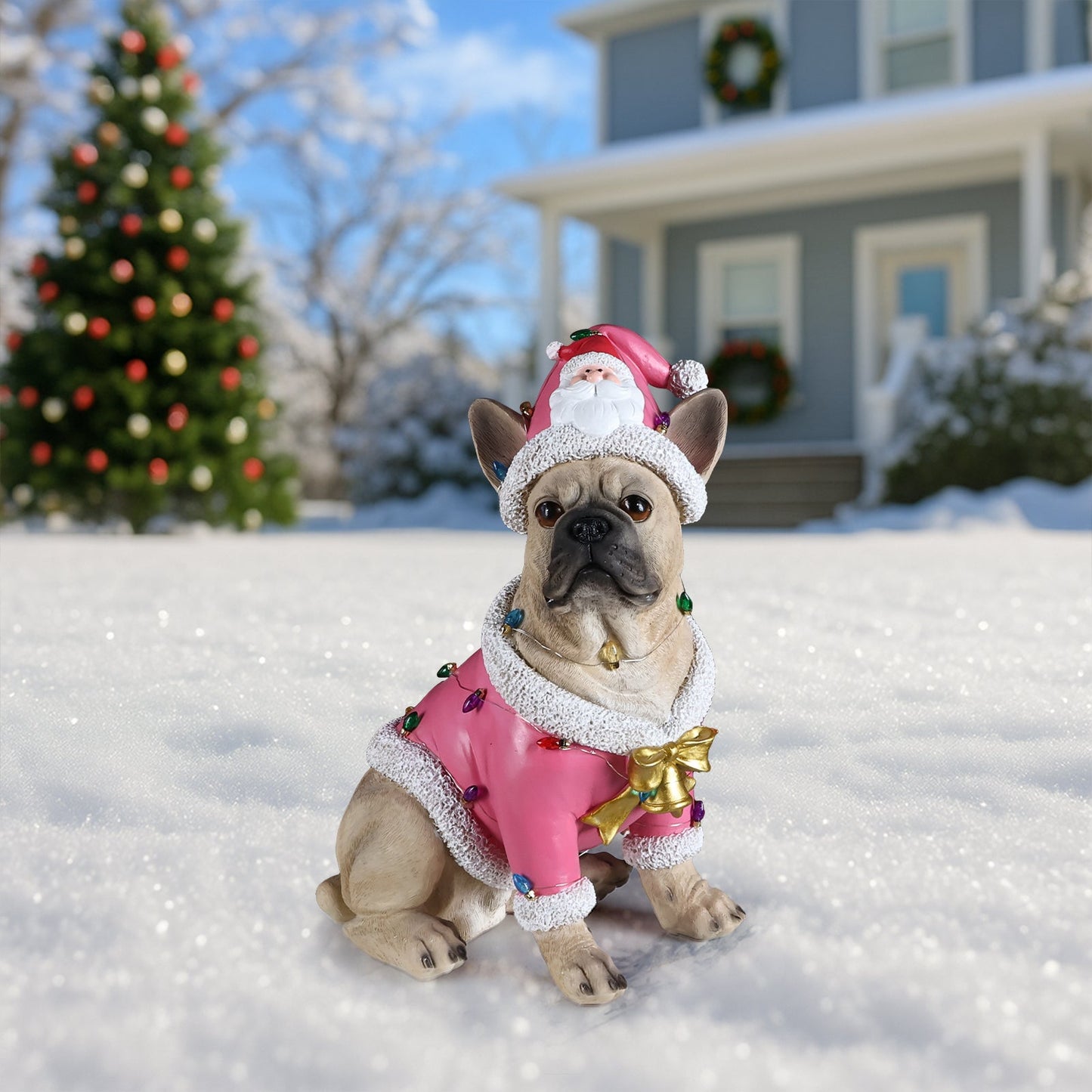 Christmas French Bulldog Statue in Santa outfit with white fur trim by HouseOfZazla in yard on Tampa Home & Garden Store