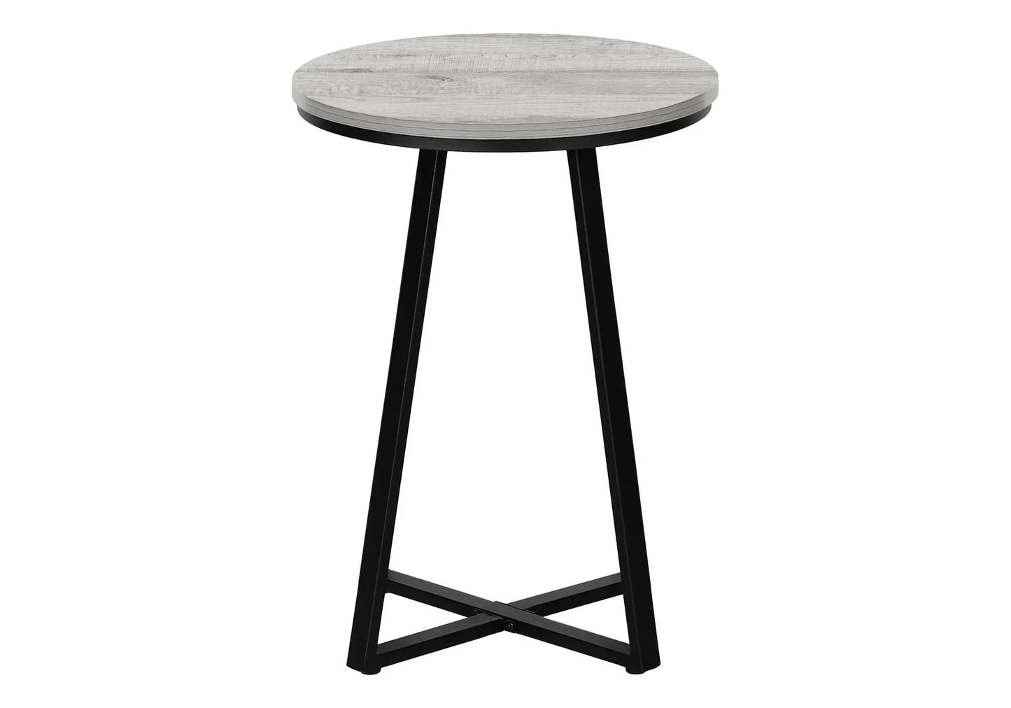 Accent Table round side table with gray woodgrain top and black metal legs on Tampa Home & Garden Store