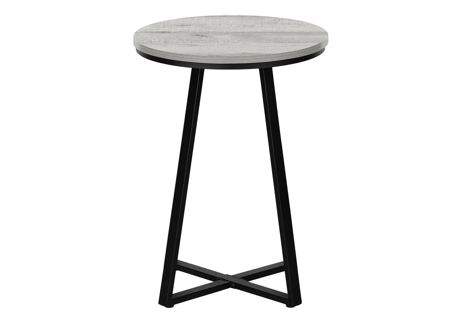 Accent Table round side table with gray woodgrain top and black metal legs on Tampa Home & Garden Store