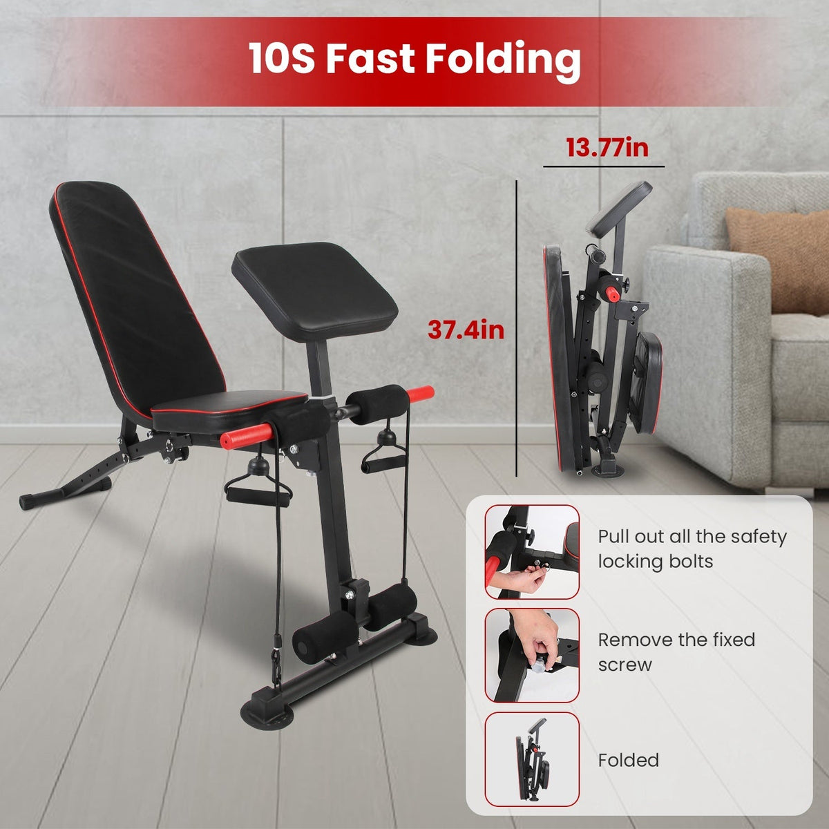 Adjustable weight bench with preacher pad and resistance bands, black and red, foldable on Tampa Home & Garden Store