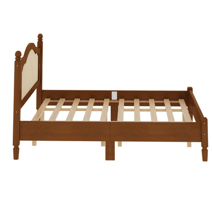 King size wooden platform bed with rattan headboard, warm brown finish, finial posts on Tampa Home & Garden Store