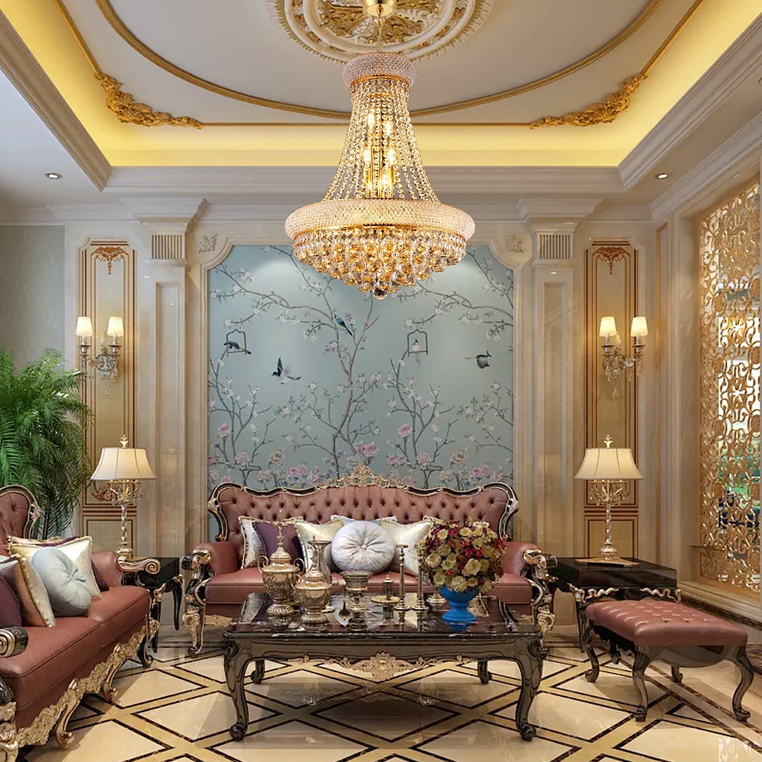 24-Inch Gold Crystal Chandelier, 12-Light French Empire style ceiling light with crystal strands on Tampa Home & Garden Store
