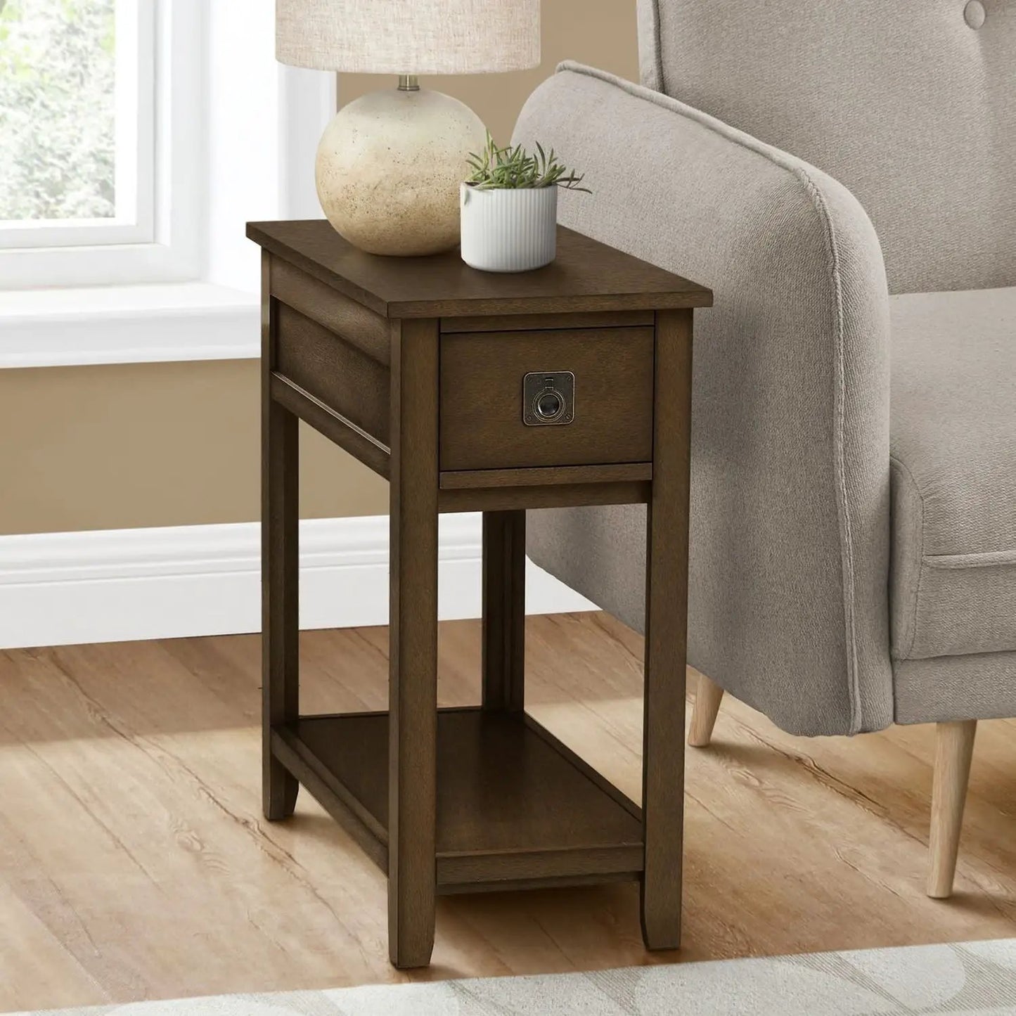 Accent end table, narrow 2-tier dark wood with storage drawer and clean lines on Tampa Home & Garden Store