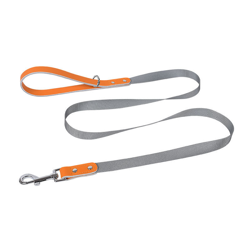 Leather dog chest harness and nylon leash set by Pet Zen, orange accents with gray leash on Tampa Home & Garden Store