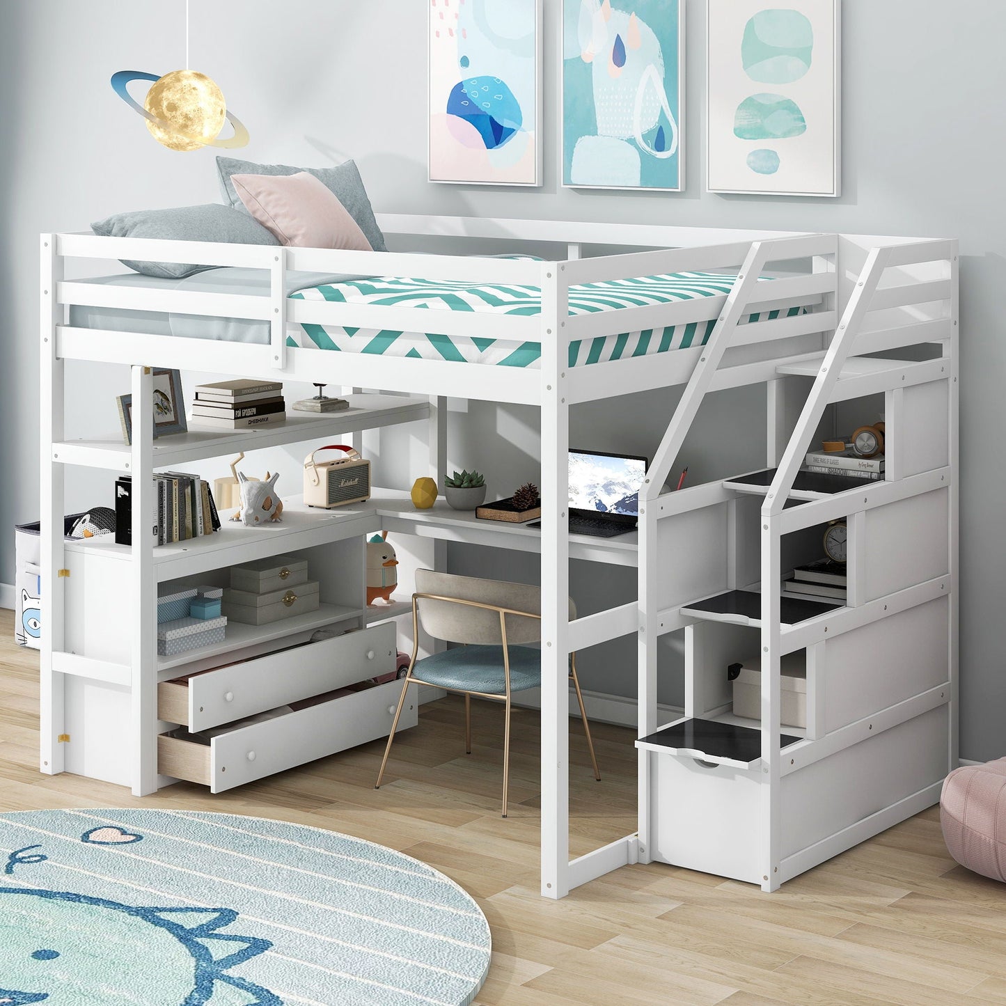 White wooden loft bed with desk, shelves, two drawers and storage staircase by HouseOfZazla on Tampa Home & Garden Store