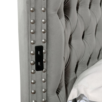 Hazel storage bed by HouseOfZazla in gray upholstery with nailhead trim and built-in USB outlets on Tampa Home & Garden Store