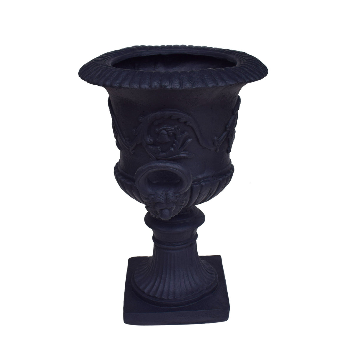 MGO Garden Urn Planter dark navy finish with ornate floral relief by HouseOfZazla on Tampa Home & Garden Store
