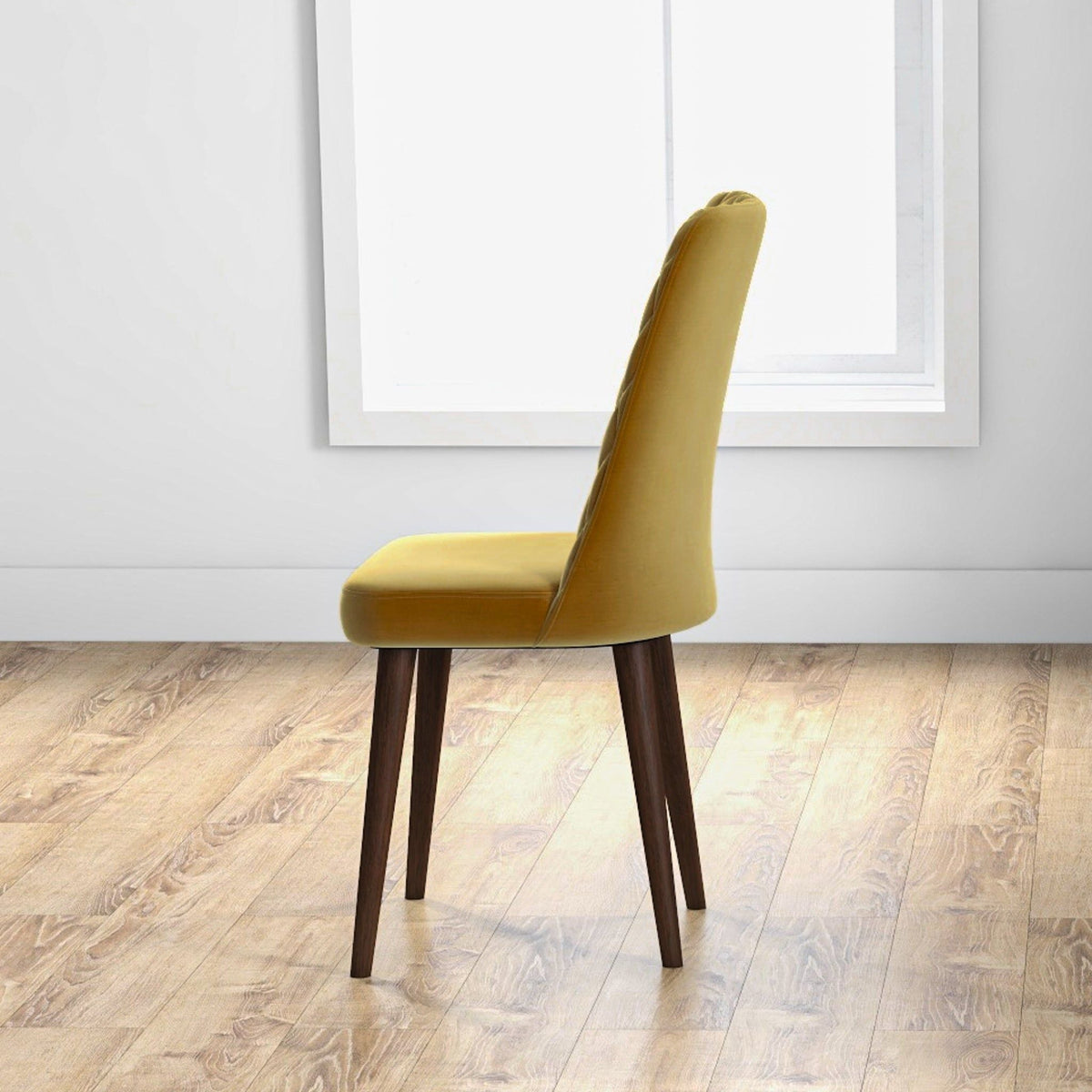 Mid-Century Modern dining chair yellow upholstered seat with dark wood legs on Tampa Home & Garden Store