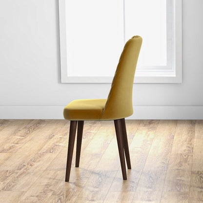 Mid-Century Modern dining chair yellow upholstered seat with dark wood legs on Tampa Home & Garden Store