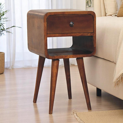 Solid wood chestnut nightstand with curved edges, top drawer and lower shelf by HouseOfZazla on Tampa Home & Garden Store