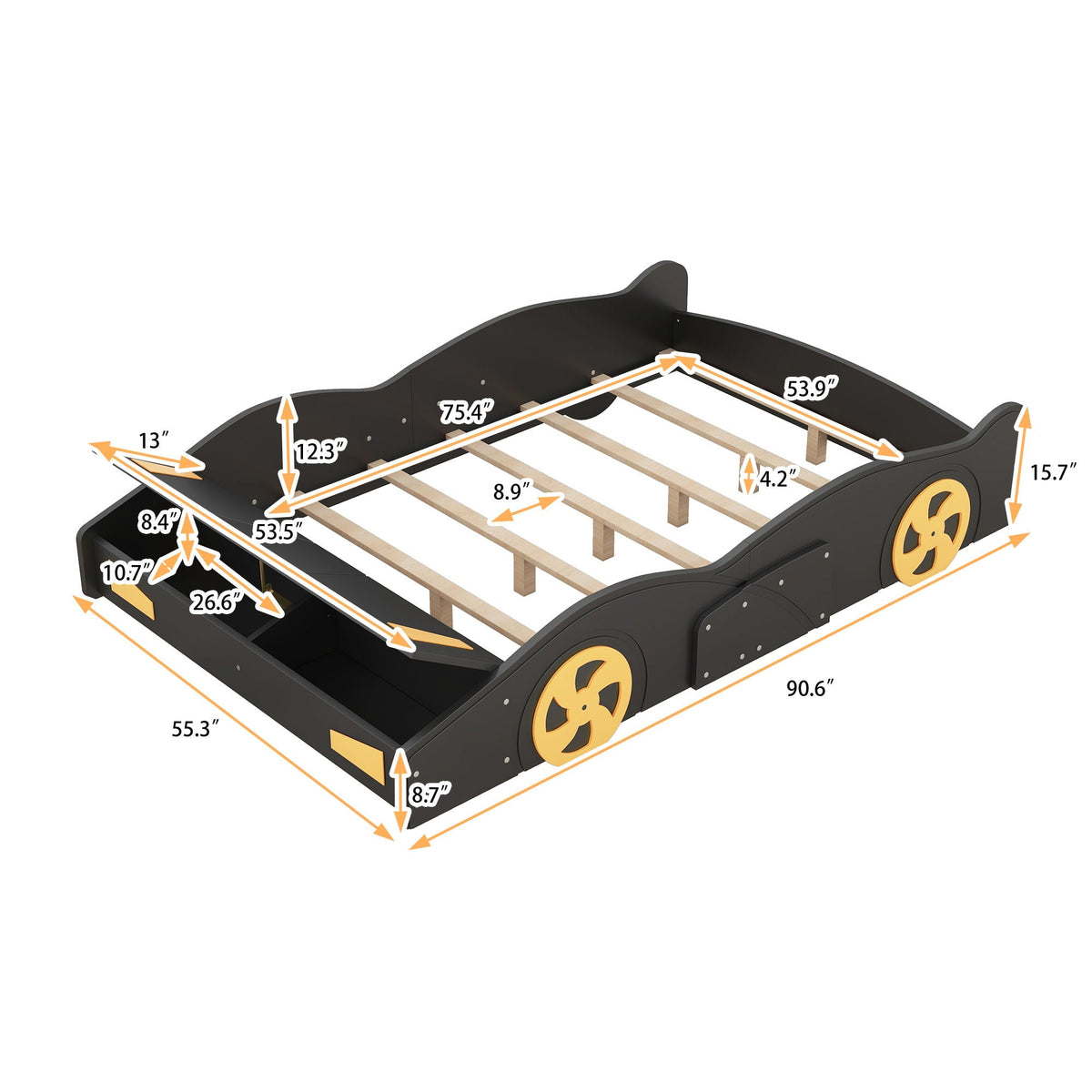 Race car shaped platform bed with wheels and storage, black frame with yellow wheels on Tampa Home & Garden Store