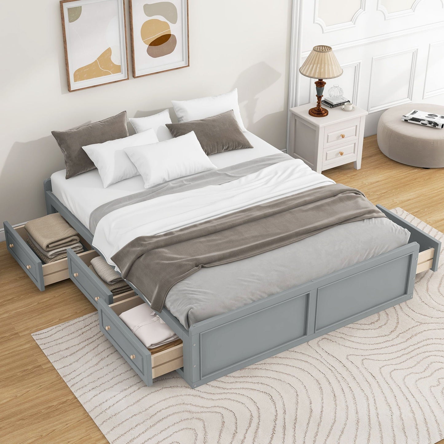 Queen Platform Bed Frame With 6 Drawers and Gray