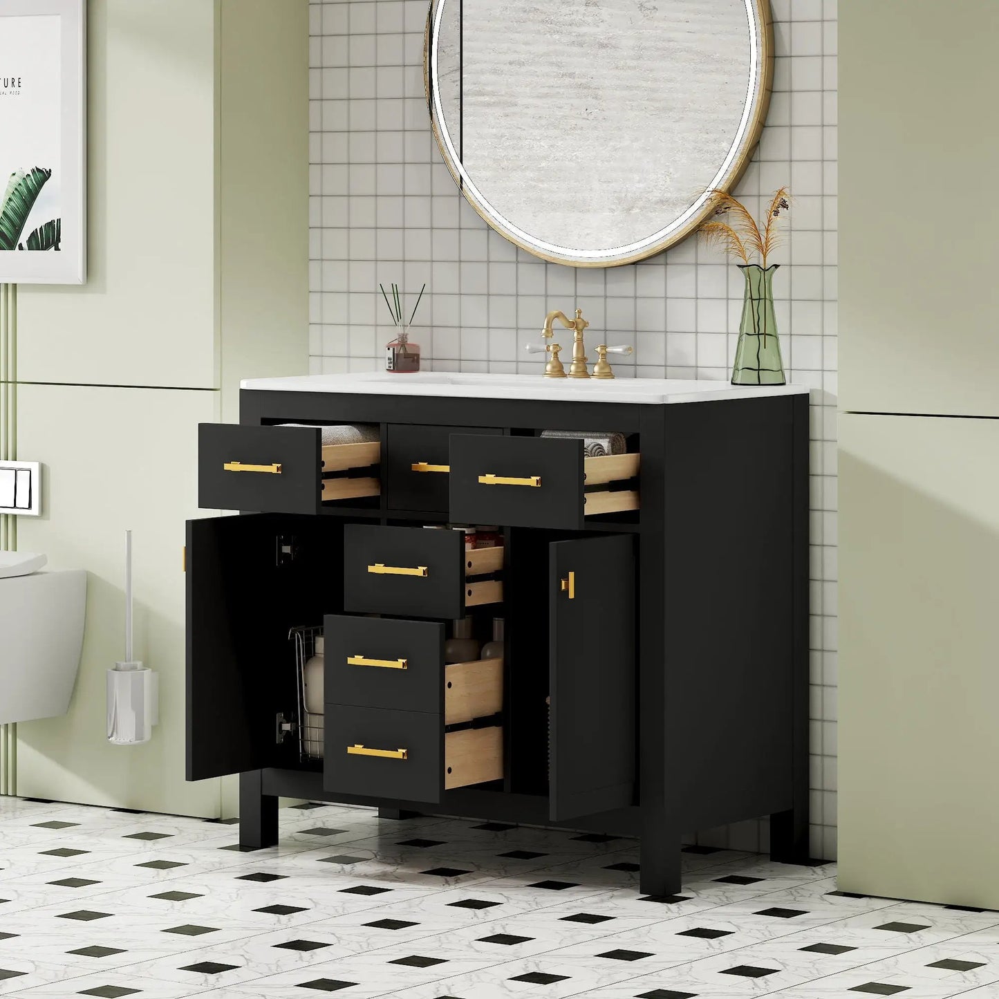 Bathroom vanity with sink, black cabinet, countertop, 4 drawers, brass hardware, backlit mirror on Tampa Home & Garden Store