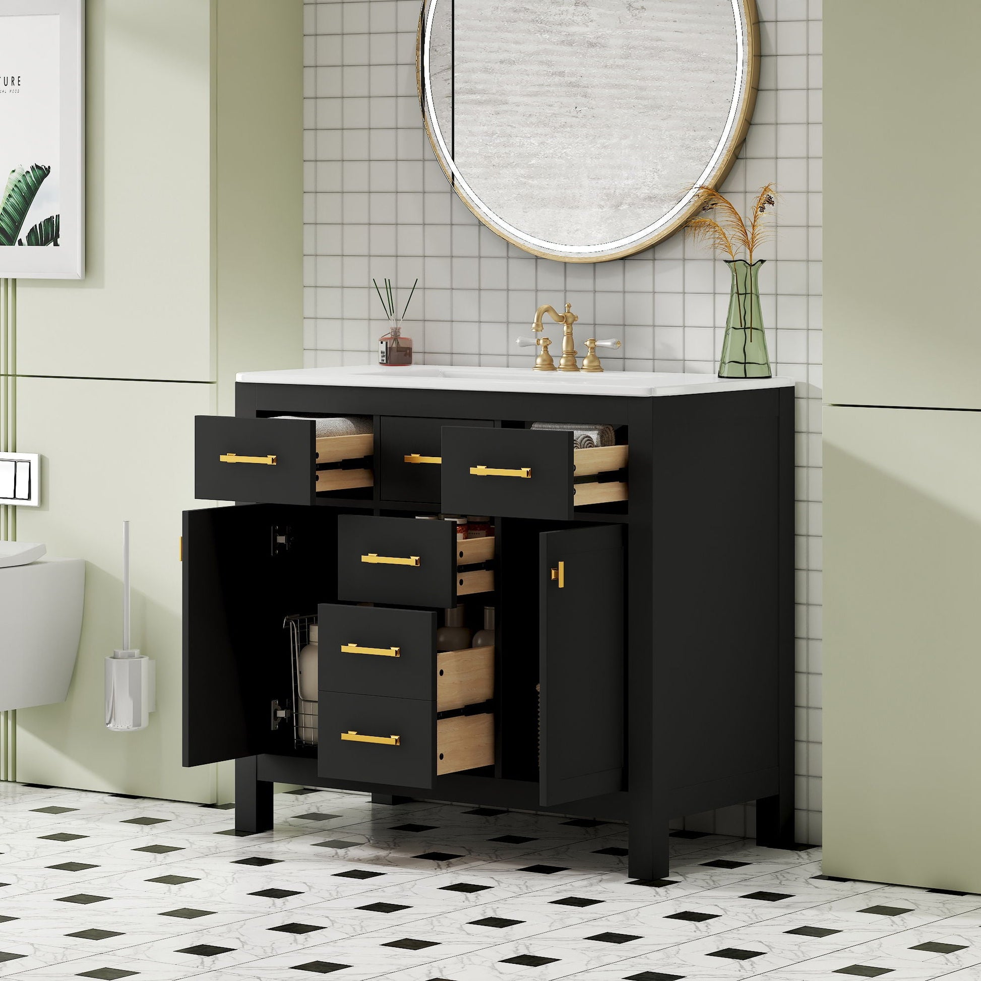 Bathroom vanity with sink, black cabinet, countertop, 4 drawers, brass hardware, backlit mirror on Tampa Home & Garden Store