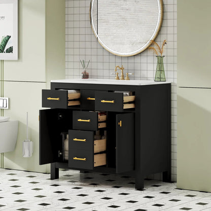 Bathroom vanity with sink, black cabinet, countertop, 4 drawers, brass hardware, backlit mirror on Tampa Home & Garden Store