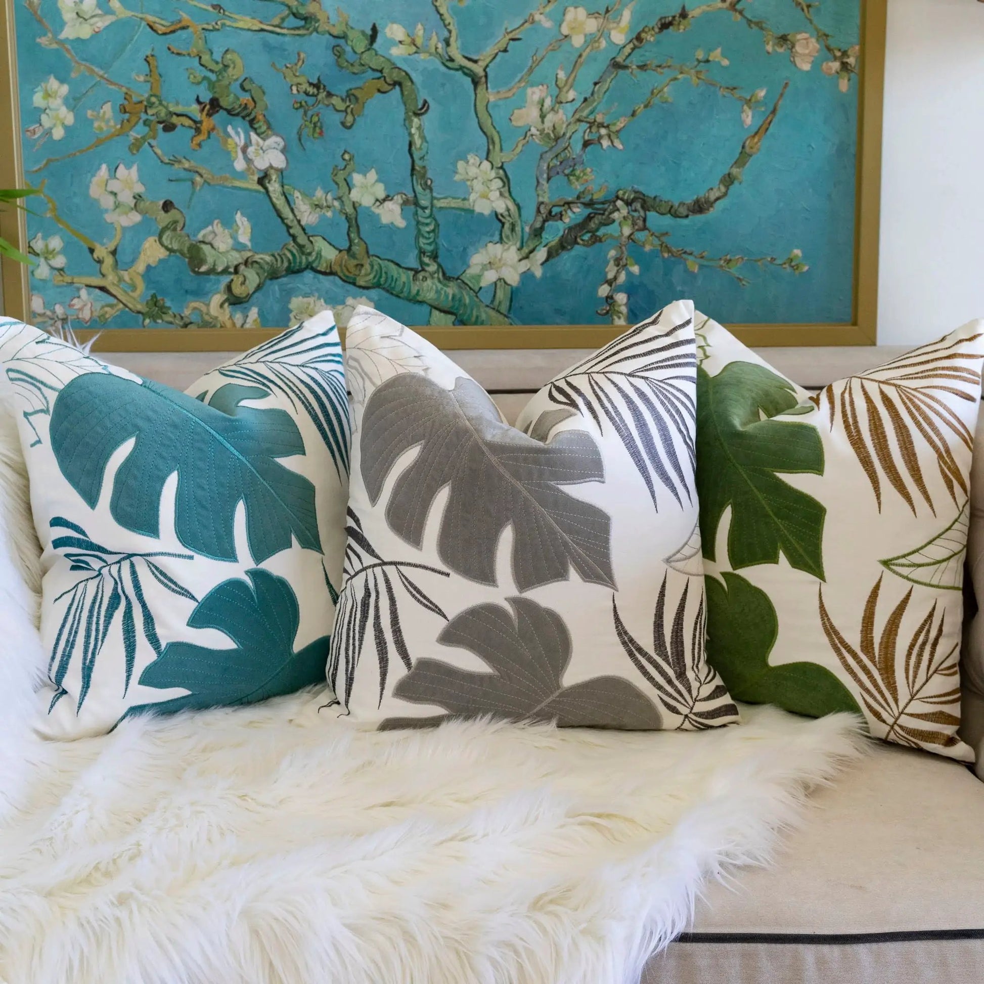 Autumn Vibes Leaf Accent Pillows set of 5 with teal gray&green leaf Unique Piece Furniture on Tampa Home & Garden Store